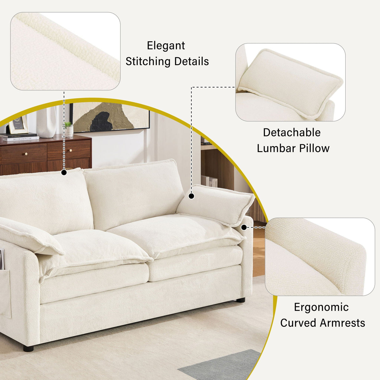 Modern Loveseat Sofa, Upholstered Couch With Side Storage Pockets
