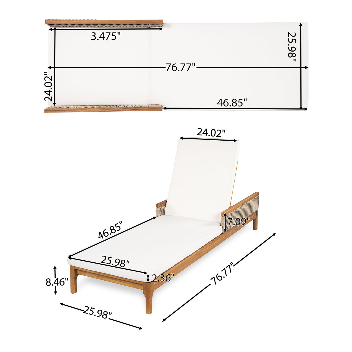 76.8' Solid Acacia Wood Sun Lounger Set of 2 with Cushions