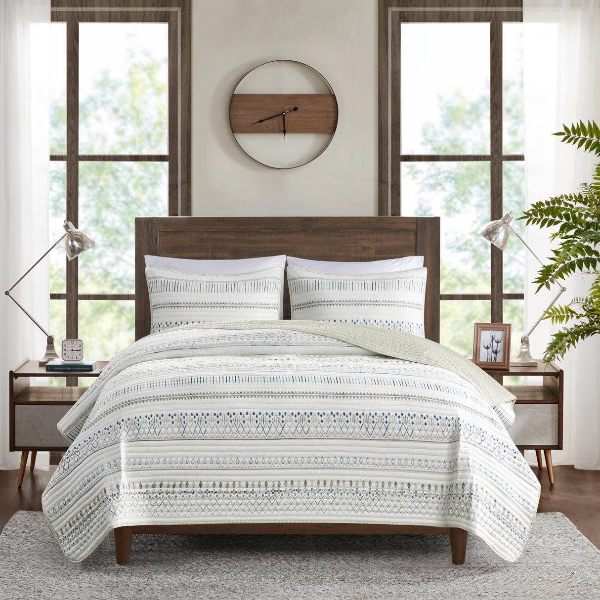 3 Piece Seersucker Quilt Set Taupe/Blue King/Cal King