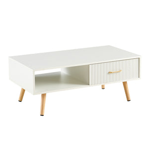 Modern Rectangle Coffee Table With Legs, Sliding Drawer For Storage - White