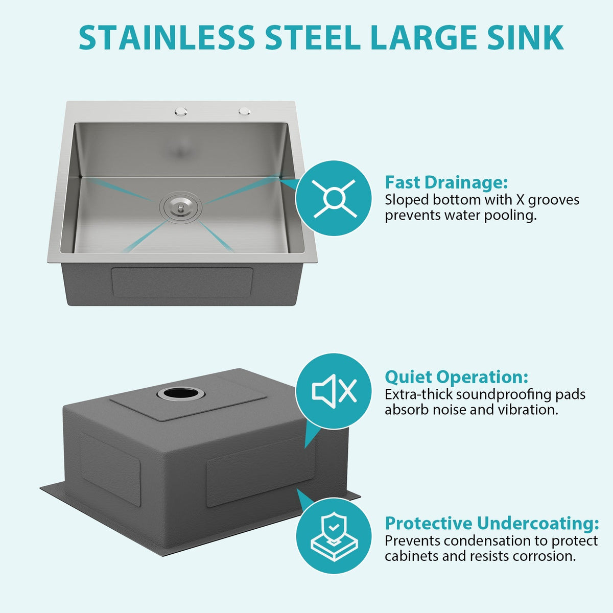 25 x 22 x 9 Inch Kitchen Sink Drop-In 16 Gauge Stainless Steel Single Bowl