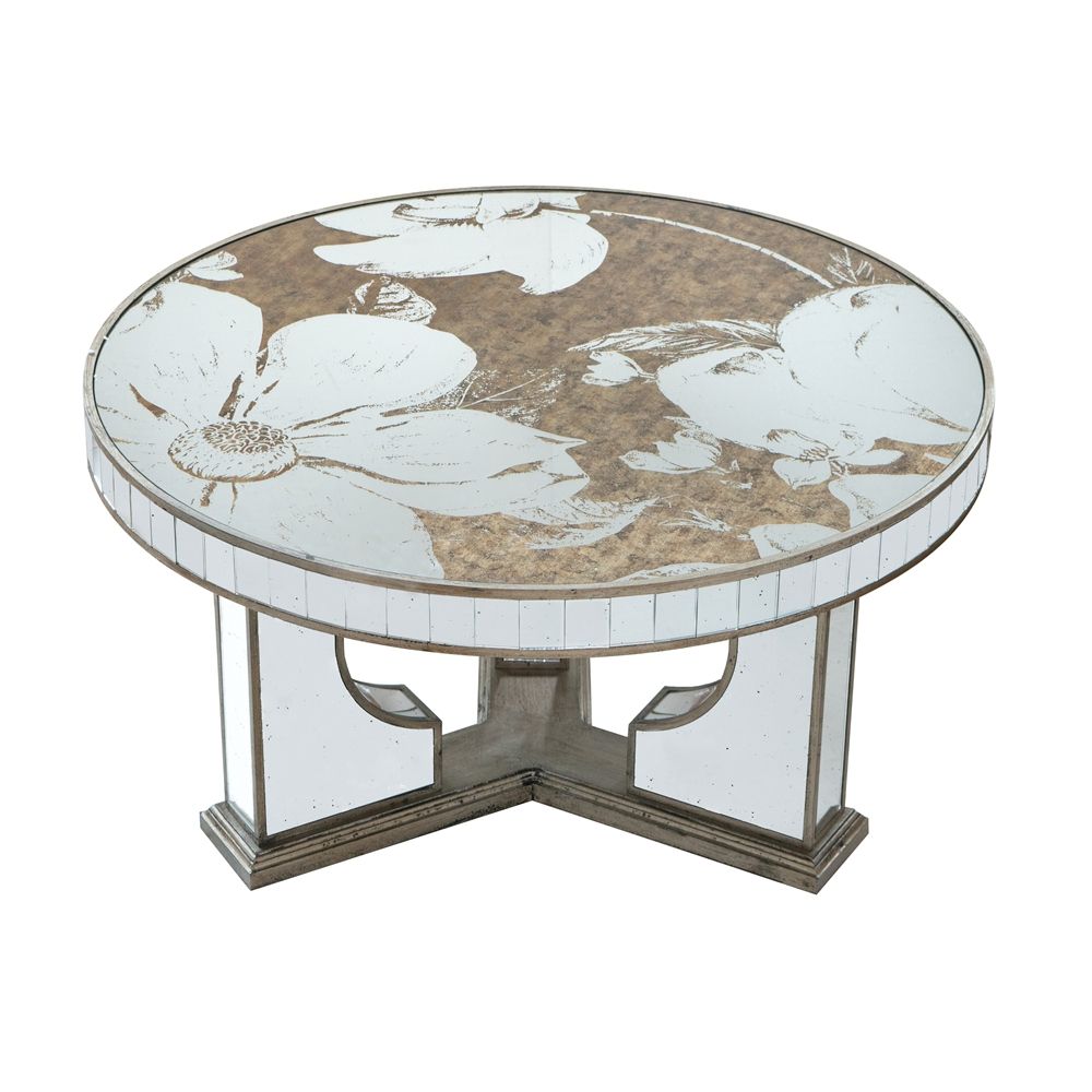 Round Table With Elegant Foral Design And Mirrored