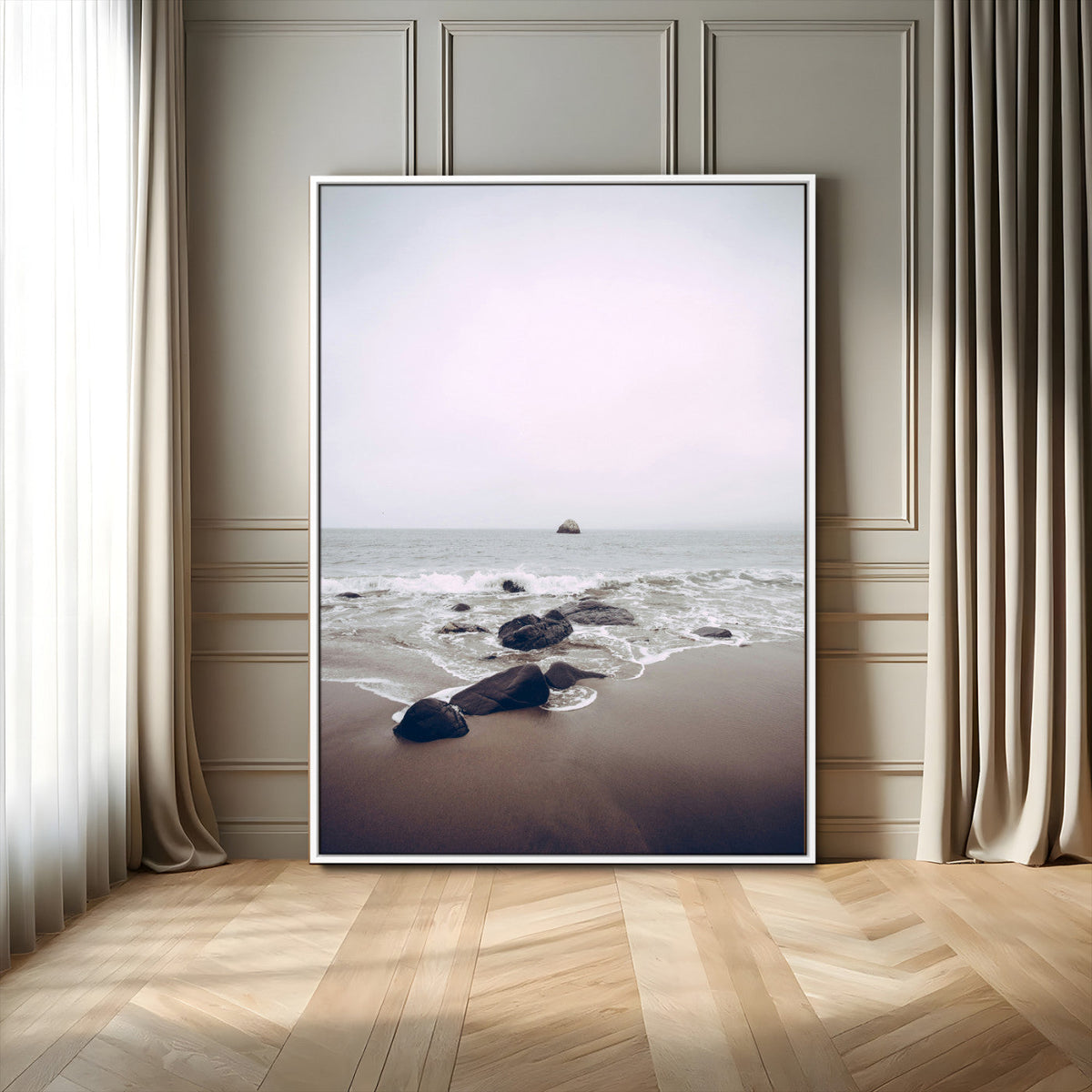 Moody Seascape Wall Art Canvas Print – Framed Neutral Foggy
