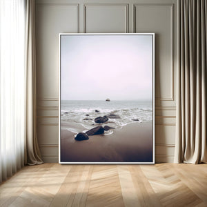 Moody Seascape Wall Art Canvas Print – Framed Neutral Foggy
