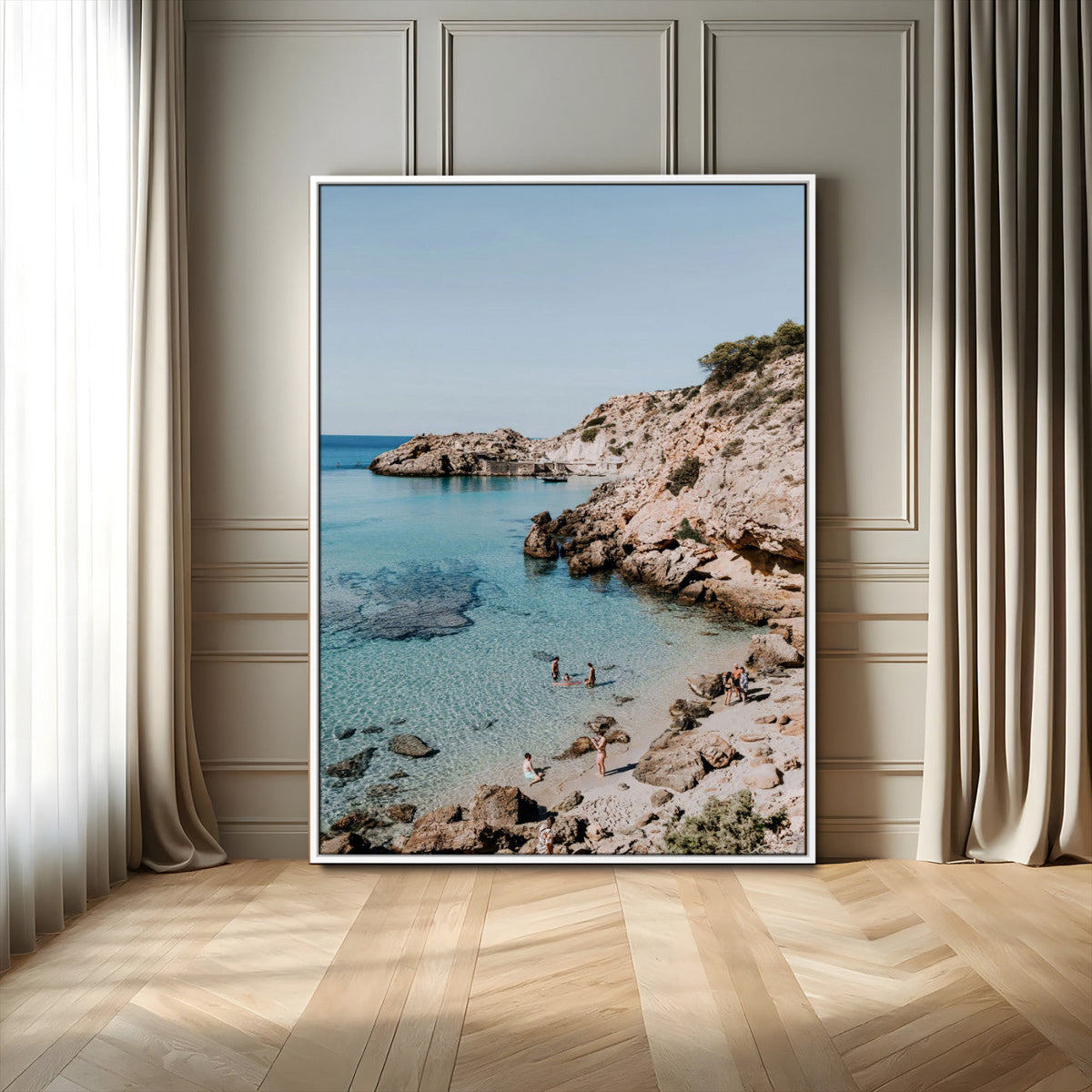 Clear Blue Water Beach Wall Art – Framed Rocky Cove Canvas