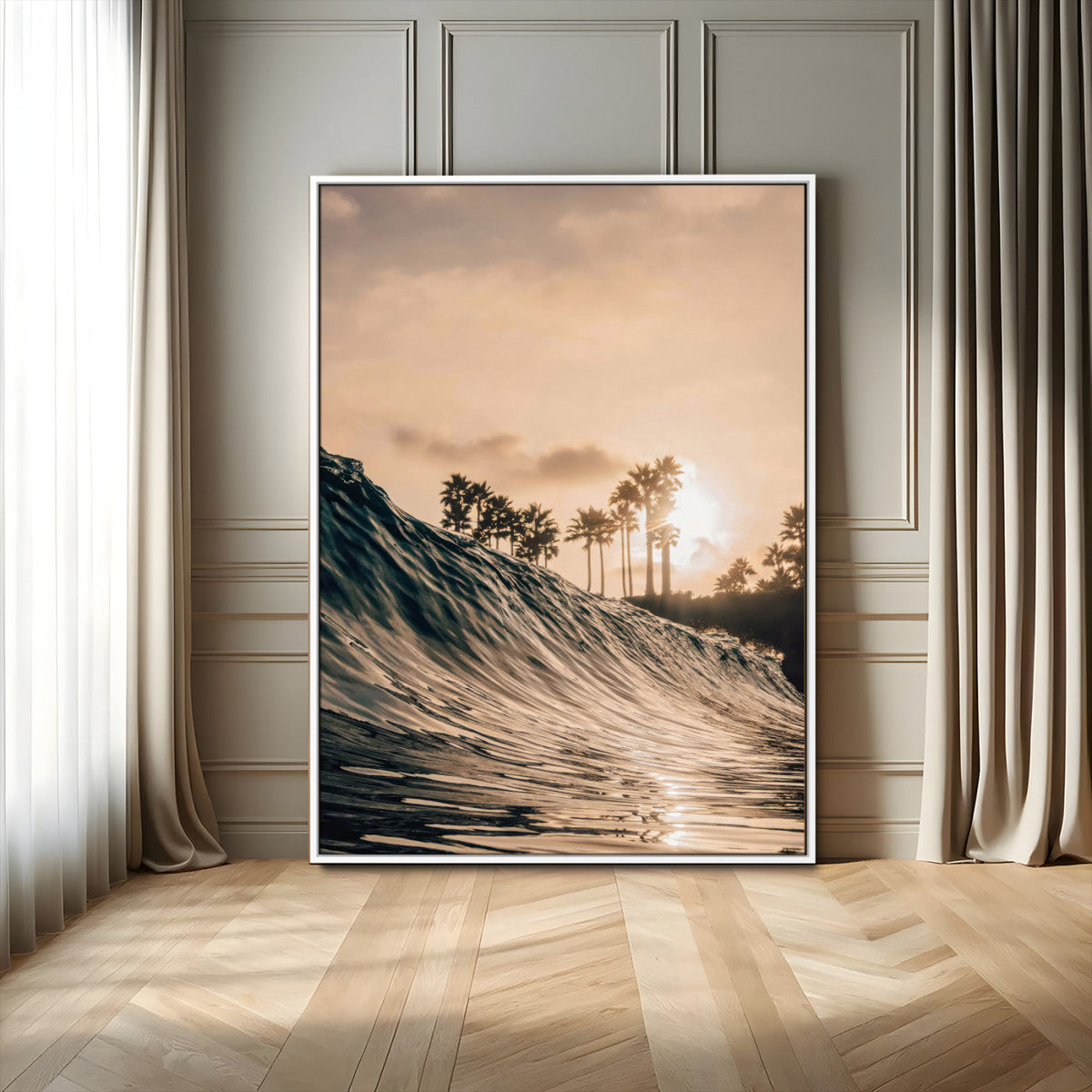 Sunset Wave Ocean Wall Art – Framed Palm Tree Canvas