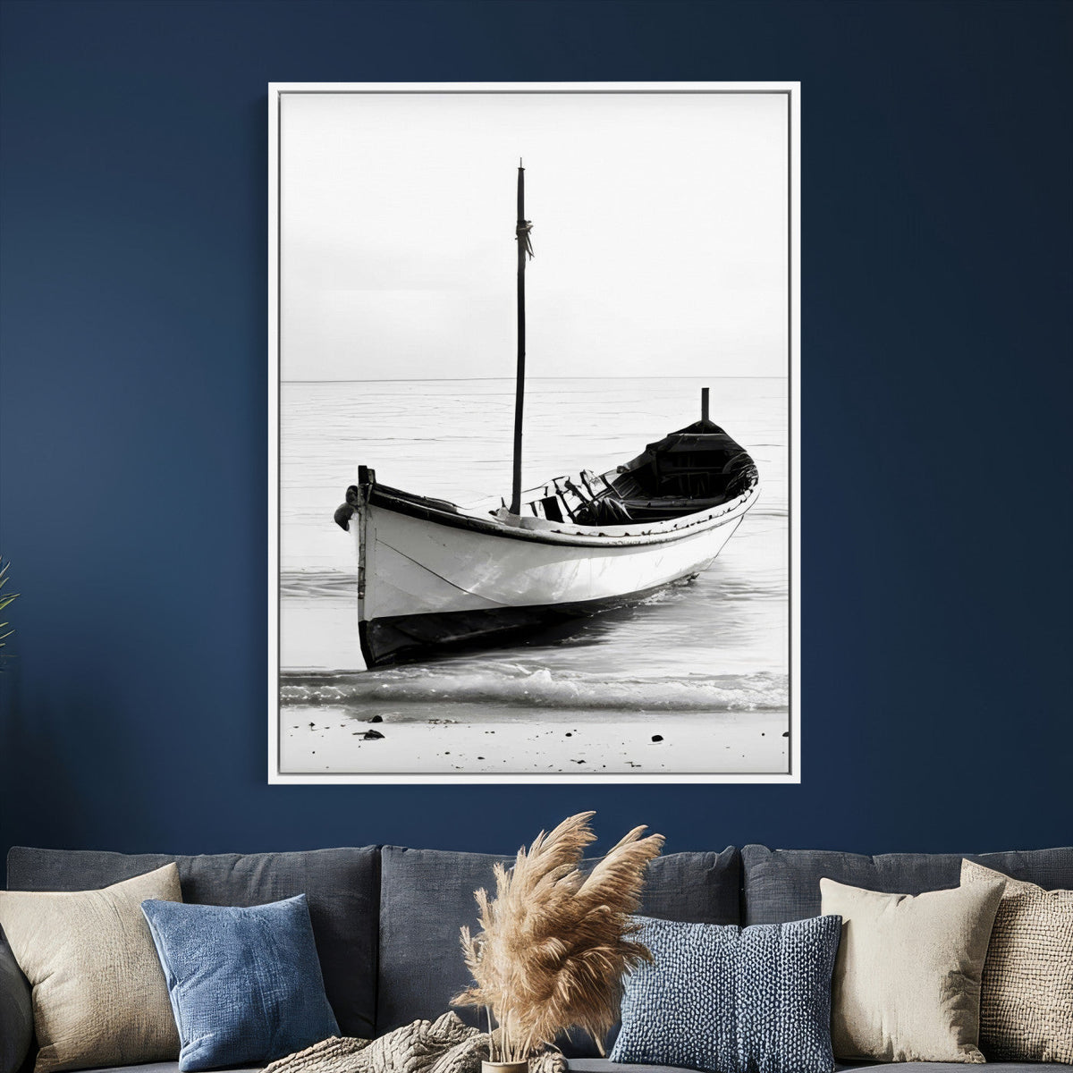Minimal Boat Wall Art Canvas Print – Black and White Coastal
