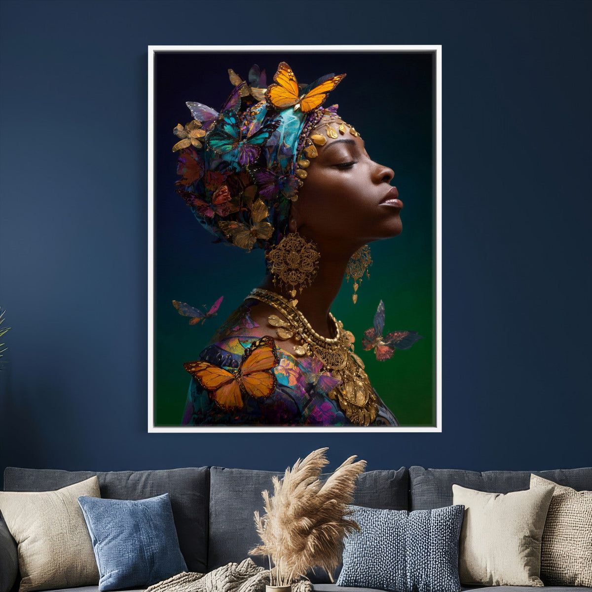 Butterfly Crown Gold Woman Portrait — Monarch Queen Canvas