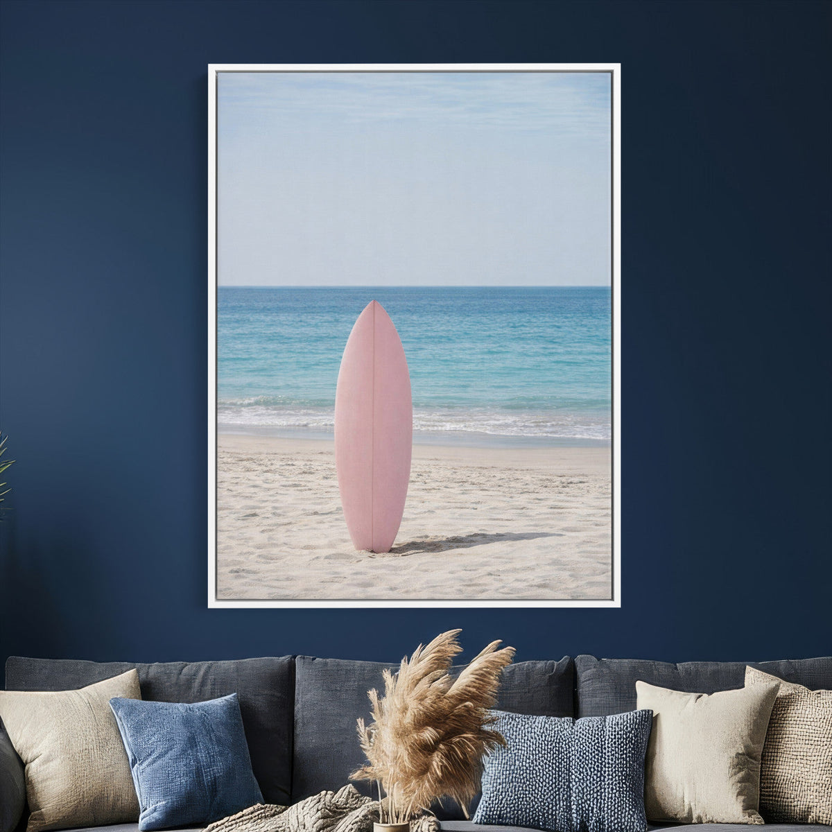 Pink Surfboard Canvas Wall Art, Minimalist Beach Photography