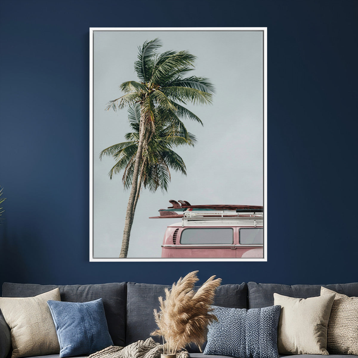VW Van Palm Tree Canvas Wall Art, Pink Camper Surfboards