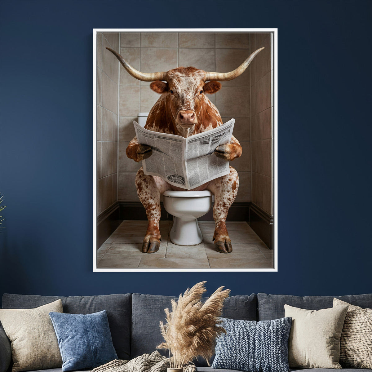 Funny Bathroom Canvas Wall Art, Texas Longhorn on Toilet