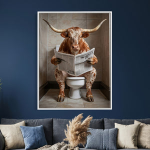 Funny Bathroom Canvas Wall Art, Texas Longhorn on Toilet