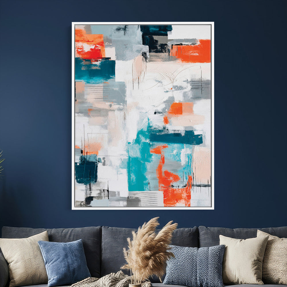 Blue Teal Abstract Canvas Wall Art, Modern Textured Painting Print, Navy Orange White Contemporary Art, Neutral Living Room Decor, Office Art