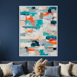 Blue Teal Abstract Canvas Wall Art, Modern Textured Painting Print, Navy Orange White Contemporary Art, Neutral Living Room Decor, Office Art