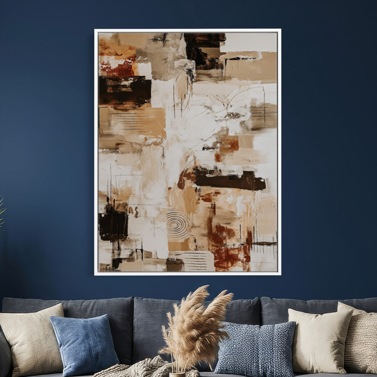 Blue Teal Abstract Canvas Wall Art, Modern Textured Painting Print, Navy Orange White Contemporary Art, Neutral Living Room Decor, Office Art