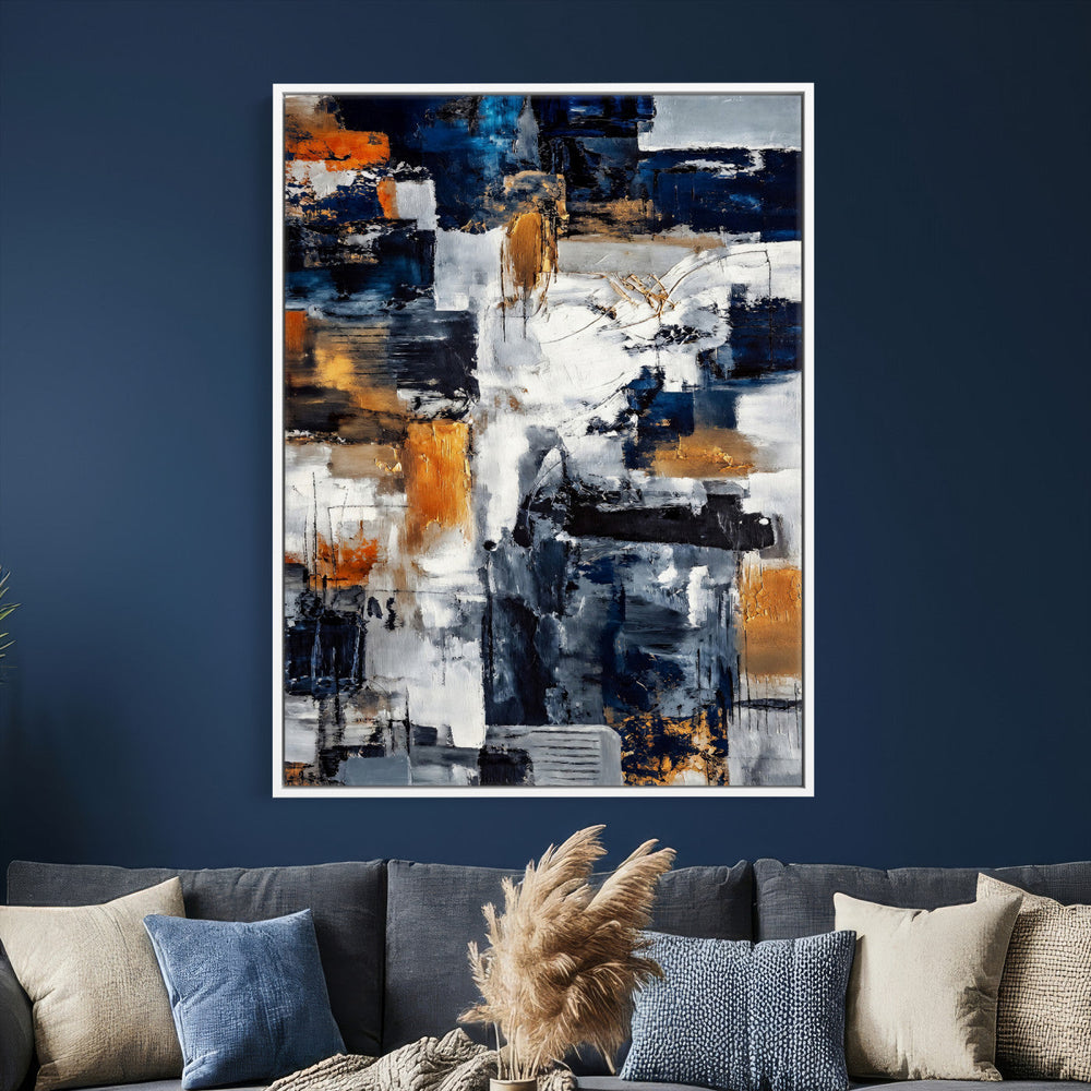 Blue Teal Abstract Canvas Wall Art, Modern Textured Painting Print, Navy Orange White Contemporary Art, Neutral Living Room Decor, Office Art