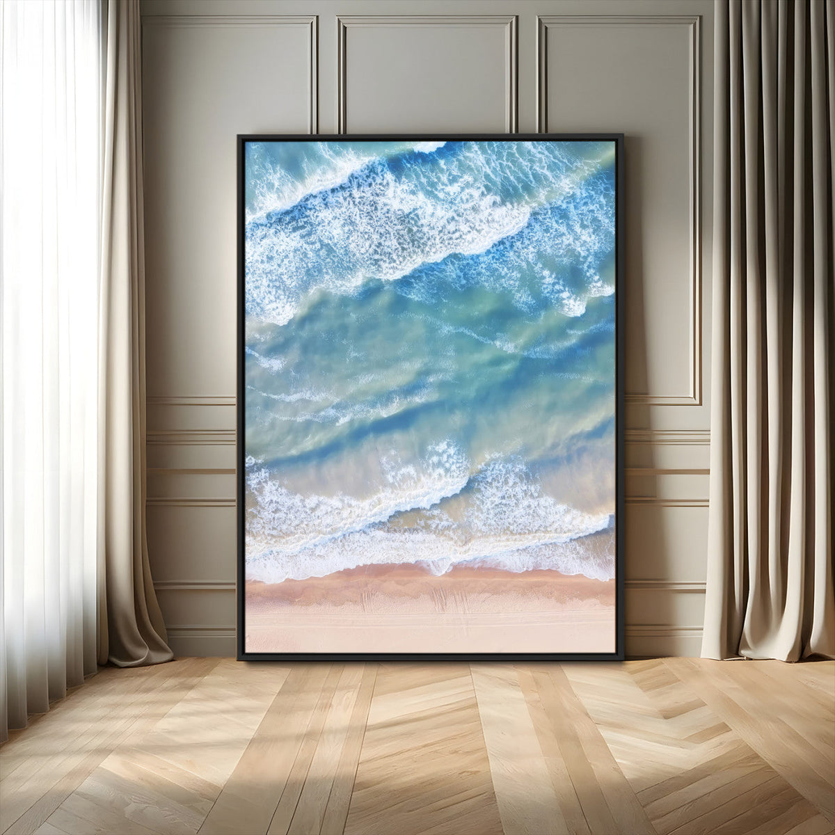Aerial Ocean View Wall Art Canvas Print – Framed Soft Blue