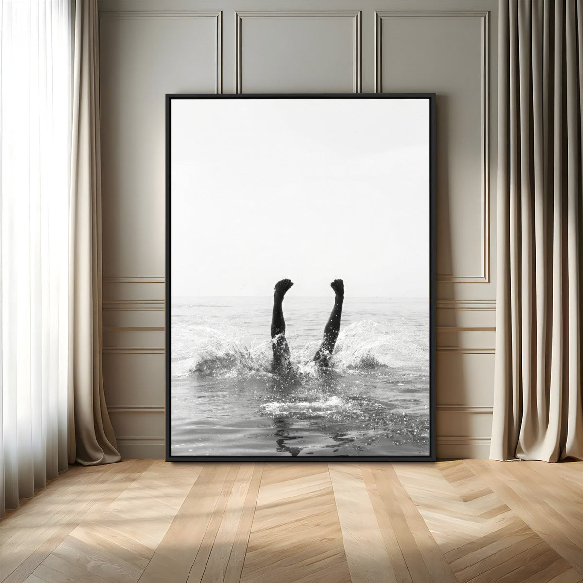 Minimal Ocean Wall Art Canvas Print – Framed Monochrome
