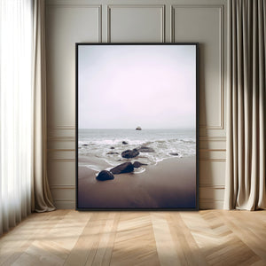Moody Seascape Wall Art Canvas Print – Framed Neutral Foggy