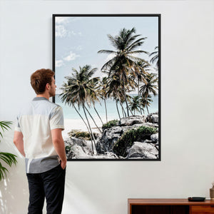 Tropical Trees Beach Wall Art Canvas Print, Coastal Ocean