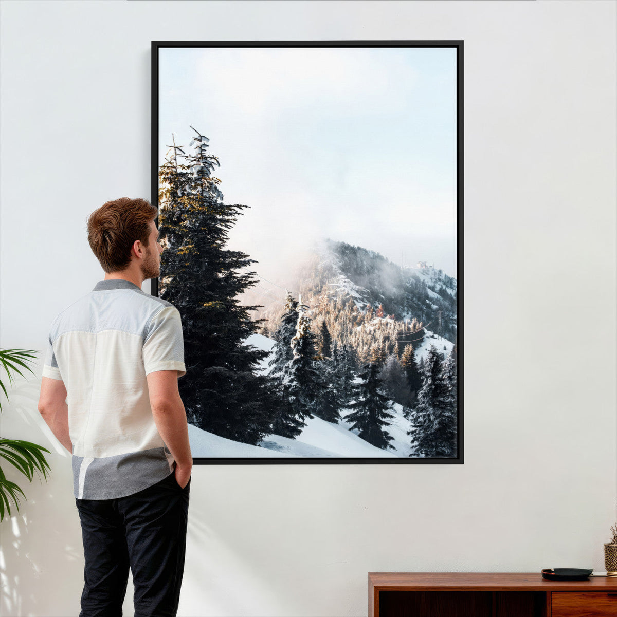 Snowy Mountain Forest Wall Art Canvas Print, Winter Pine