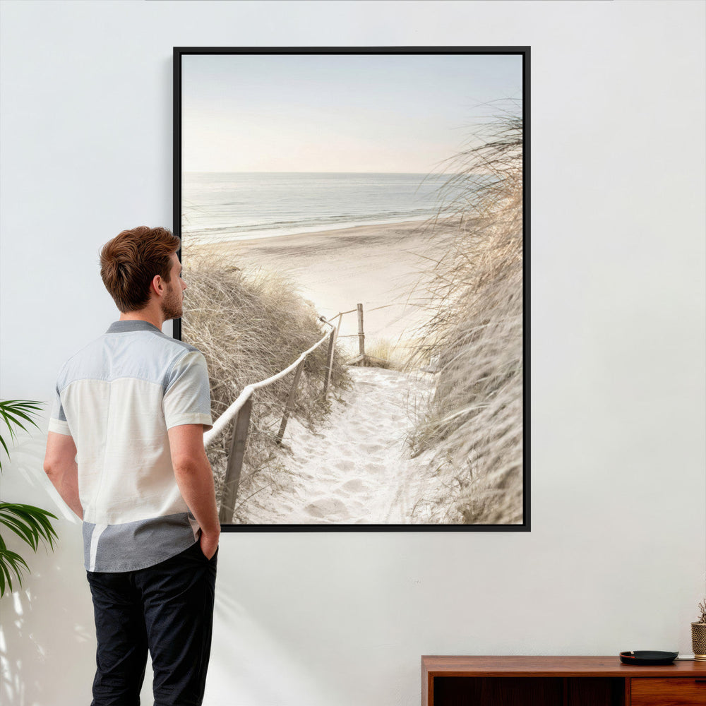 Coastal Beach Path Wall Art Canvas Print – Neutral Ocean