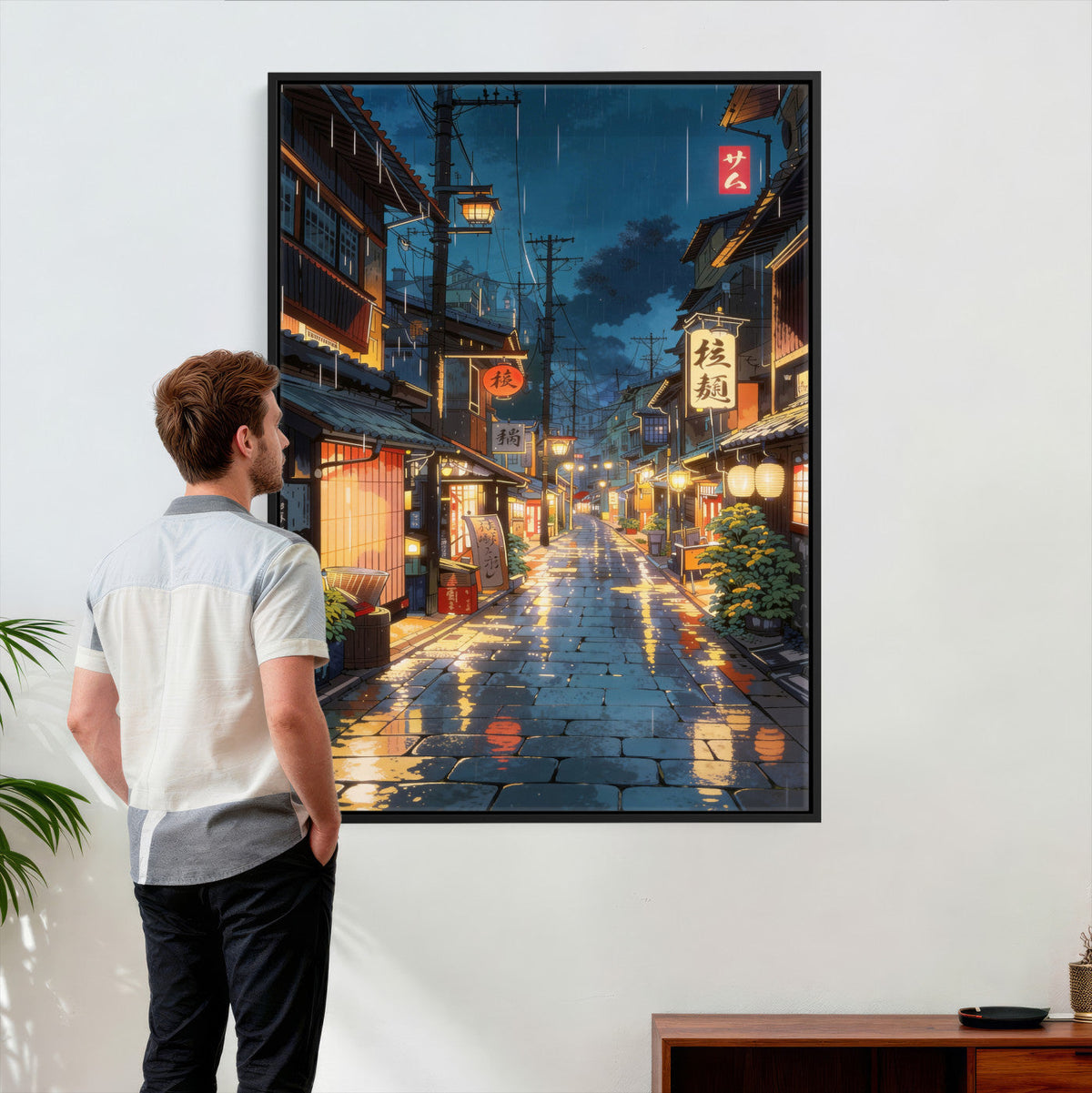 Tokyo Tea House Canvas Wall Art — Japan Rainy Night Street