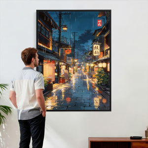 Tokyo Tea House Canvas Wall Art — Japan Rainy Night Street