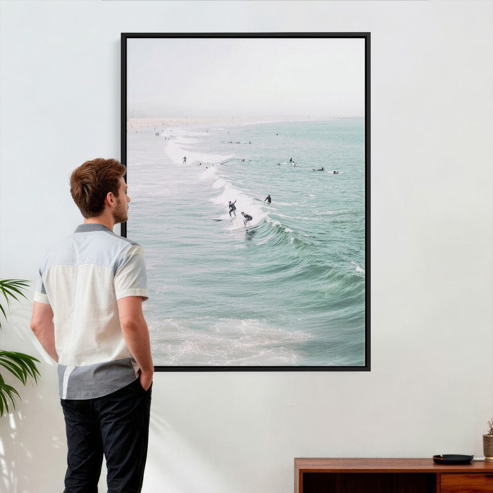 Surfers on Waves Canvas Wall Art, Aerial Ocean Photography