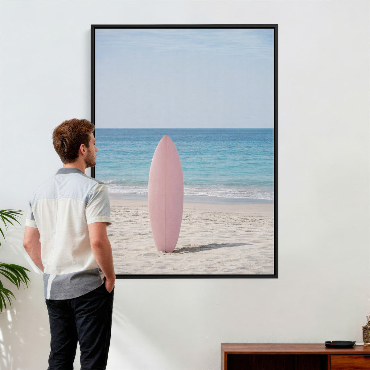 Pink Surfboard Canvas Wall Art, Minimalist Beach Photography