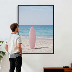 Pink Surfboard Canvas Wall Art, Minimalist Beach Photography