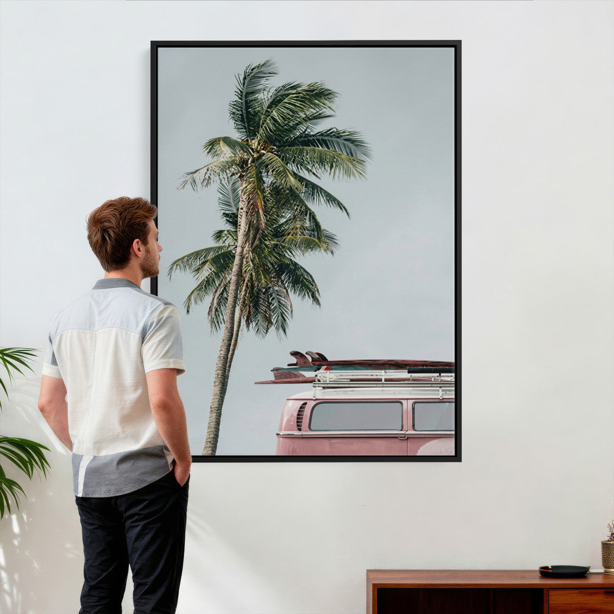 VW Van Palm Tree Canvas Wall Art, Pink Camper Surfboards
