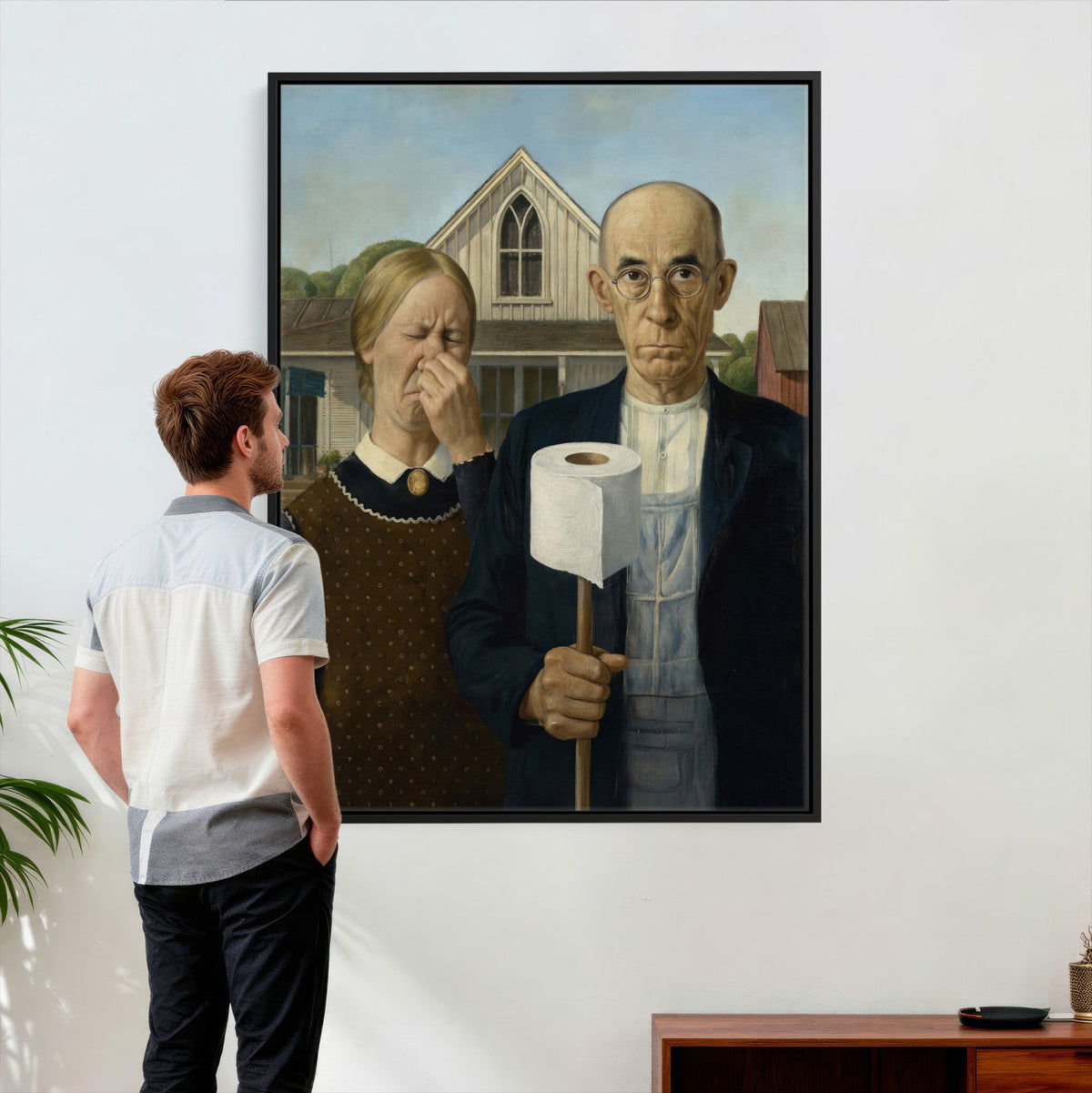 Funny Bathroom Canvas Wall Art, Grant Wood American Gothic