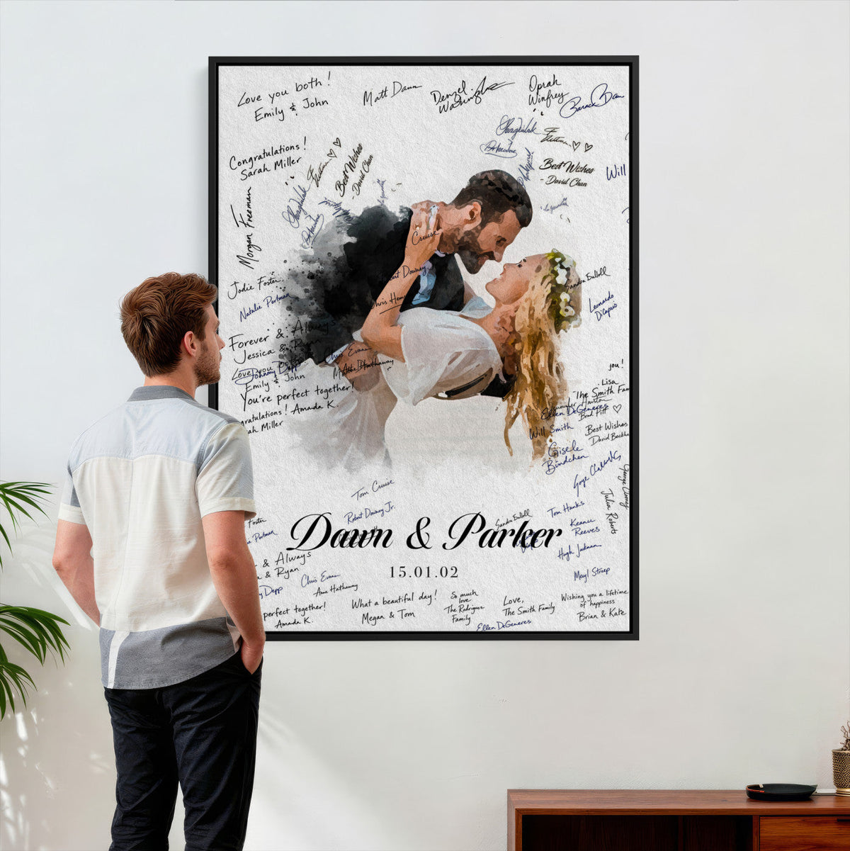 Wedding Guest Book Alternative Wall Art Canvas Print, Personalized Wedding Signature Poster, Custom Couple Photo Guestbook Canvas, Bridal Shower Reception Decor