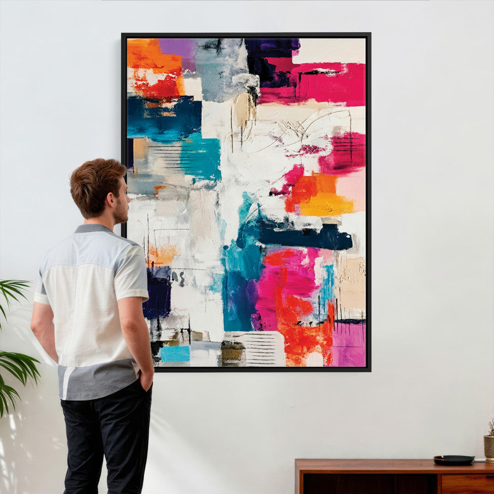 Blue Teal Abstract Canvas Wall Art, Modern Textured Painting Print, Navy Orange White Contemporary Art, Neutral Living Room Decor, Office Art