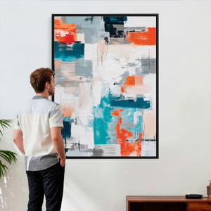 Blue Teal Abstract Canvas Wall Art, Modern Textured Painting Print, Navy Orange White Contemporary Art, Neutral Living Room Decor, Office Art
