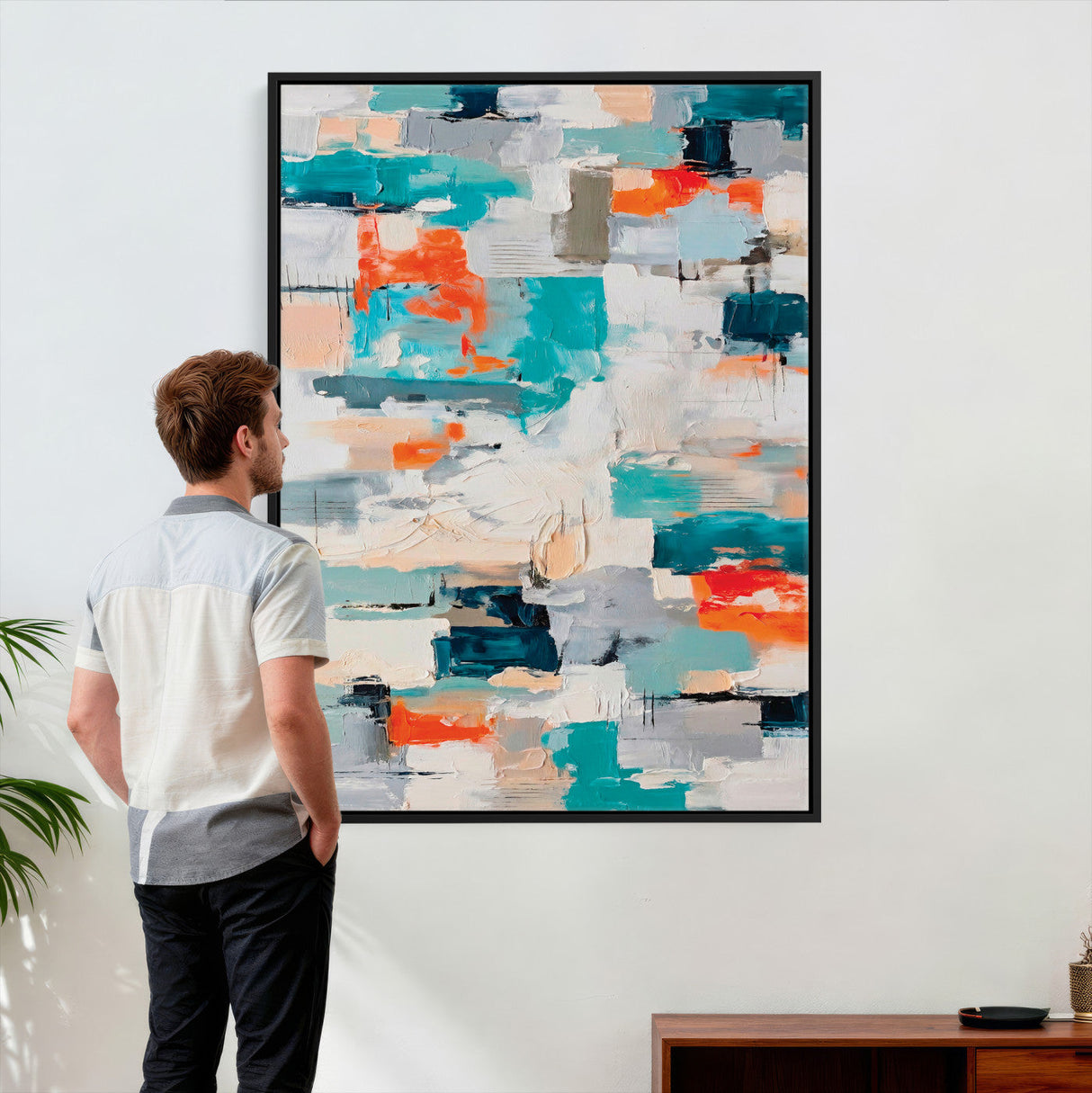 Blue Teal Abstract Canvas Wall Art, Modern Textured Painting Print, Navy Orange White Contemporary Art, Neutral Living Room Decor, Office Art