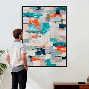 Blue Teal Abstract Canvas Wall Art, Modern Textured Painting Print, Navy Orange White Contemporary Art, Neutral Living Room Decor, Office Art