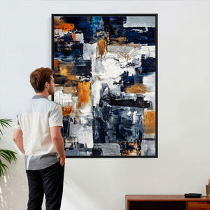 Blue Teal Abstract Canvas Wall Art, Modern Textured Painting Print, Navy Orange White Contemporary Art, Neutral Living Room Decor, Office Art
