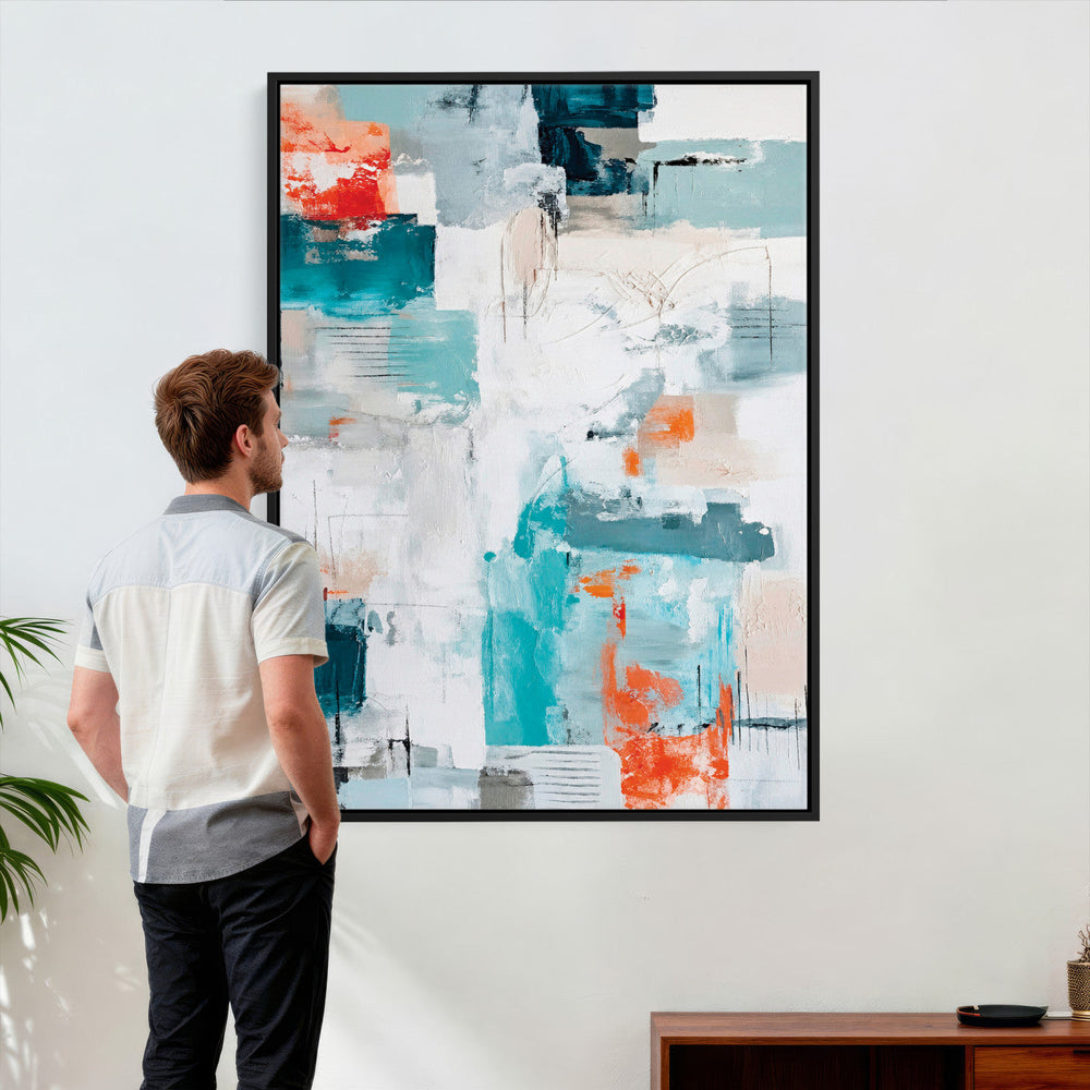 Blue Teal Abstract Canvas Wall Art, Modern Textured Painting Print, Navy Orange White Contemporary Art, Neutral Living Room Decor, Office Art