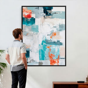 Blue Teal Abstract Canvas Wall Art, Modern Textured Painting Print, Navy Orange White Contemporary Art, Neutral Living Room Decor, Office Art