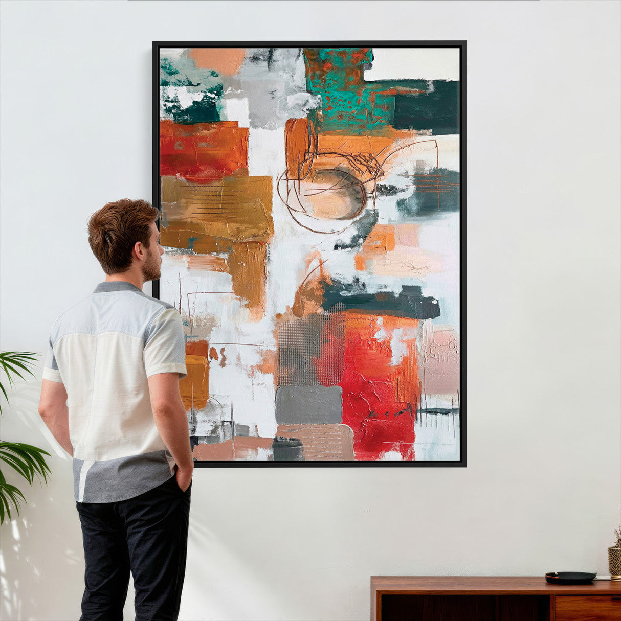 Blue Teal Abstract Canvas Wall Art, Modern Textured Painting Print, Navy Orange White Contemporary Art, Neutral Living Room Decor, Office Art
