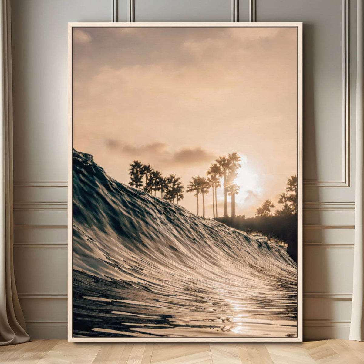 Sunset Wave Ocean Wall Art – Framed Palm Tree Canvas