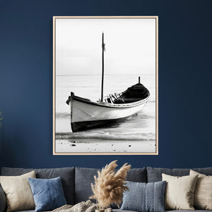 Minimal Boat Wall Art Canvas Print – Black and White Coastal