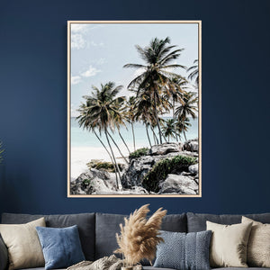 Tropical Trees Beach Wall Art Canvas Print, Coastal Ocean