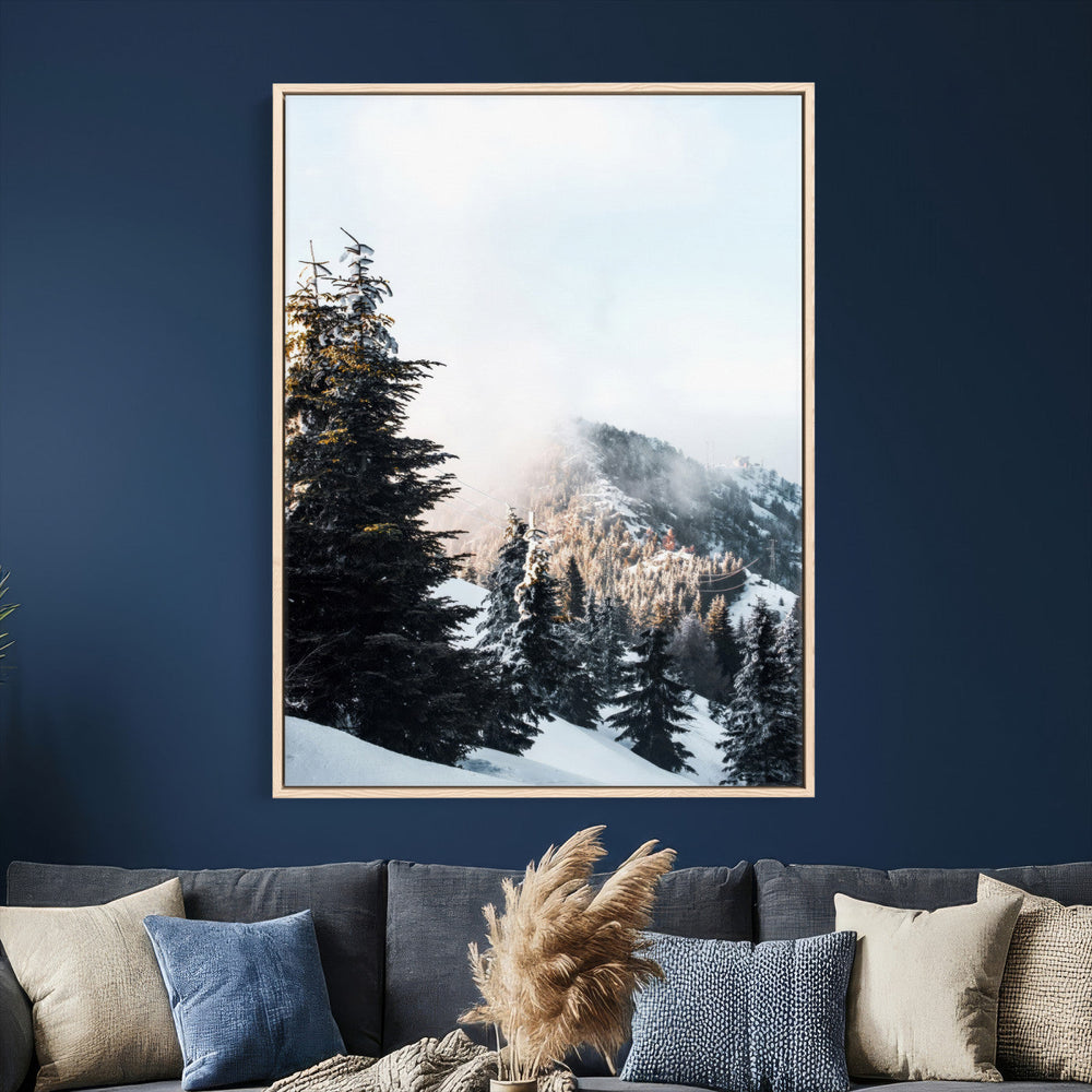 Snowy Mountain Forest Wall Art Canvas Print, Winter Pine