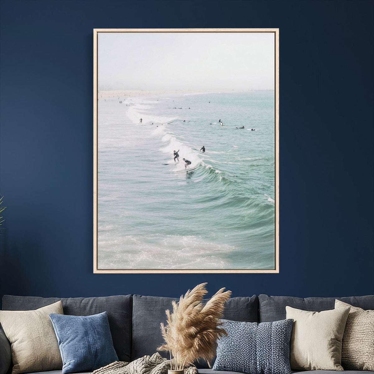 Surfers on Waves Canvas Wall Art, Aerial Ocean Photography