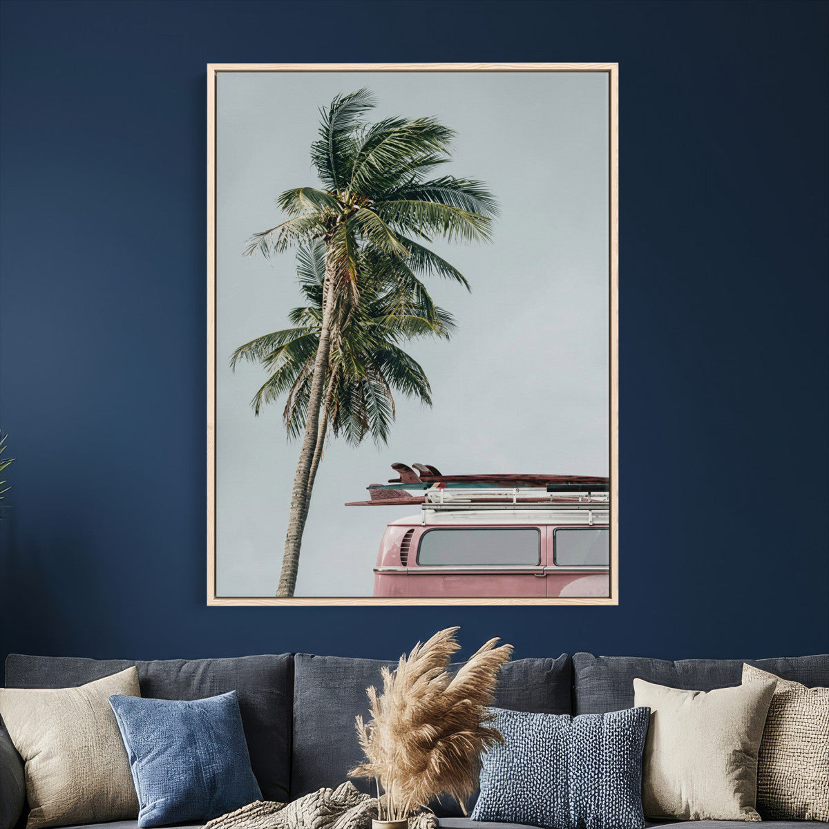 VW Van Palm Tree Canvas Wall Art, Pink Camper Surfboards