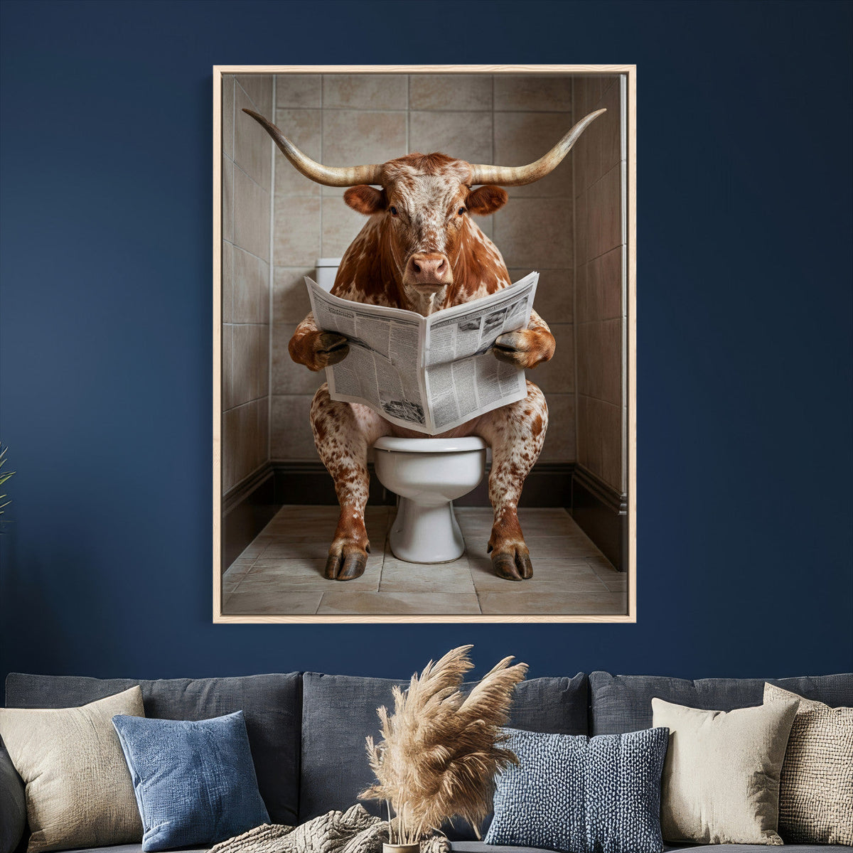 Funny Bathroom Canvas Wall Art, Texas Longhorn on Toilet