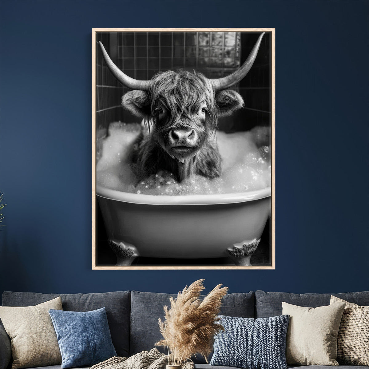 Highland Cow Bathtub Canvas Wall Art, Funny Bathroom Print